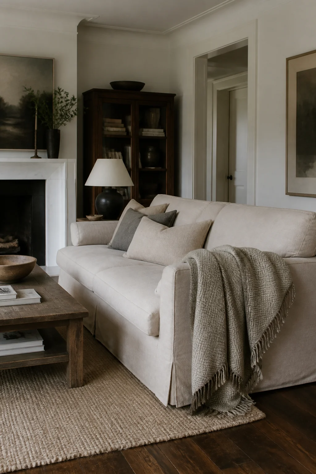 Drape a heavy woven throw over the sofa arm