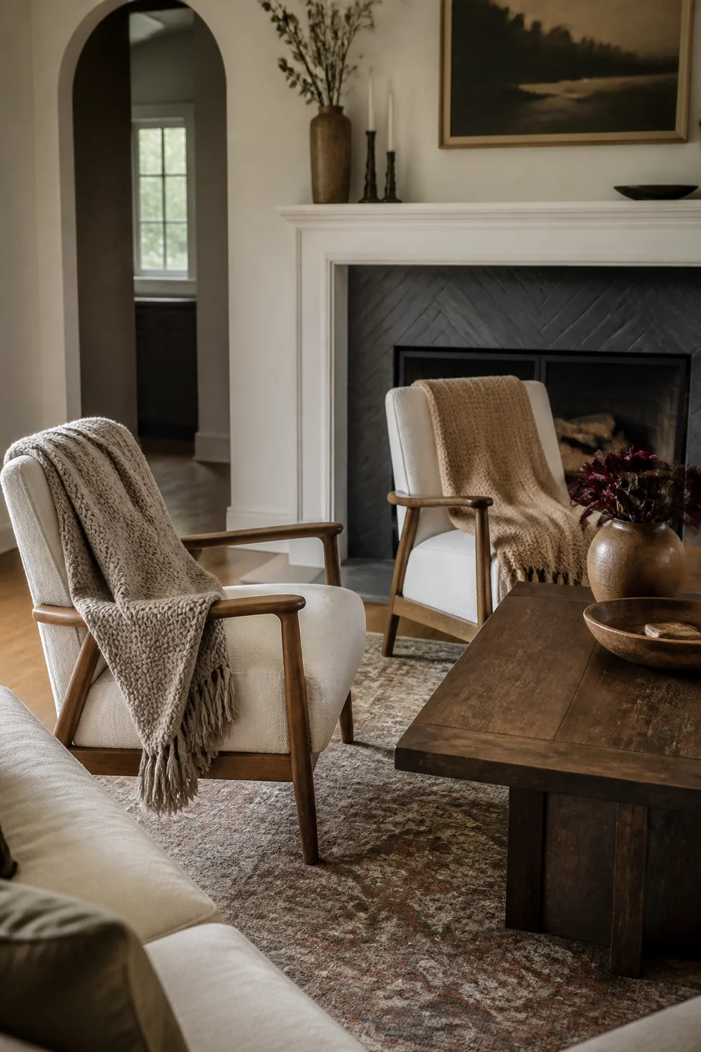 Use textured throw blankets on accent chairs