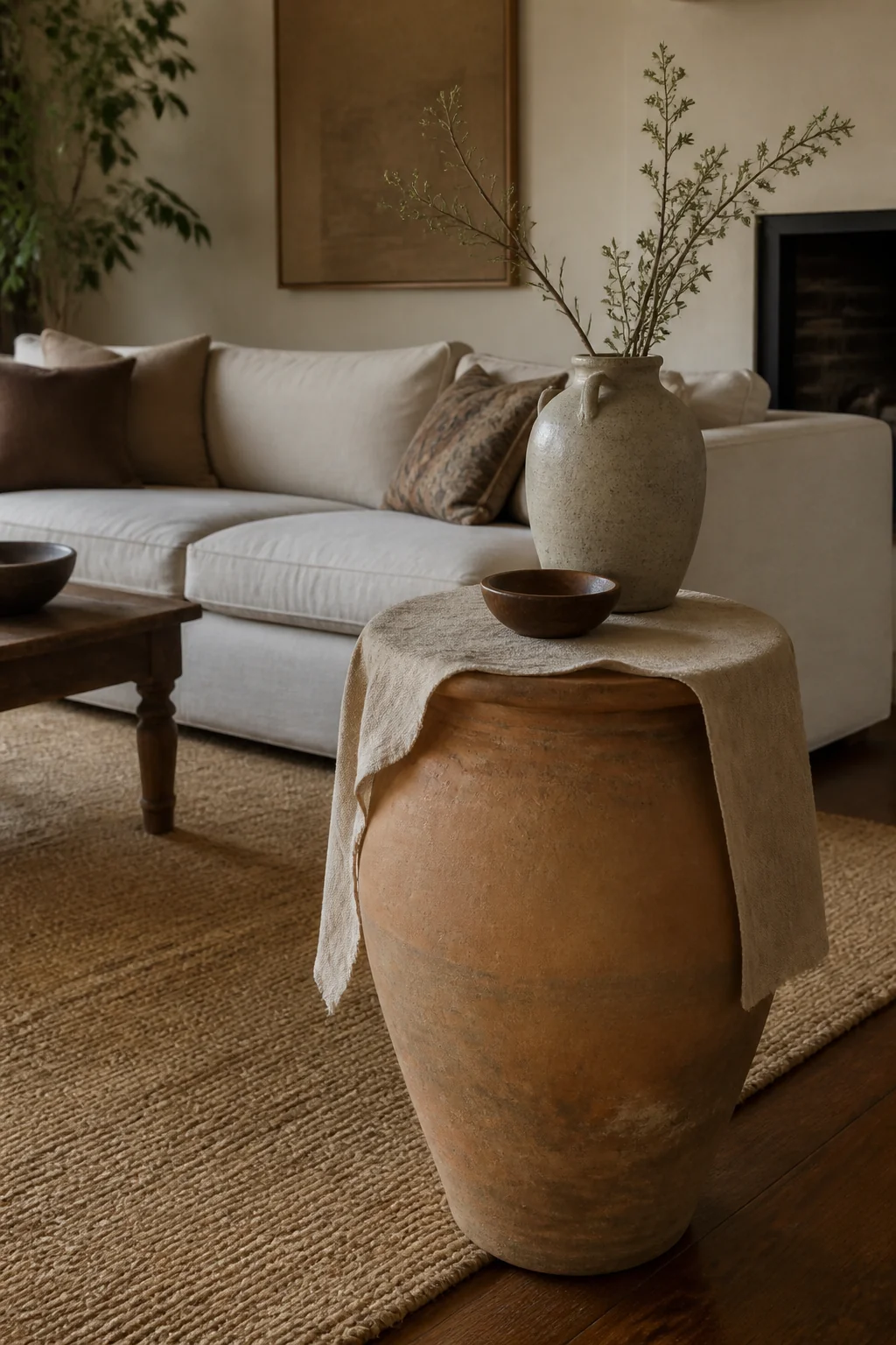 Add a large ceramic or terracotta side table with a linen runner