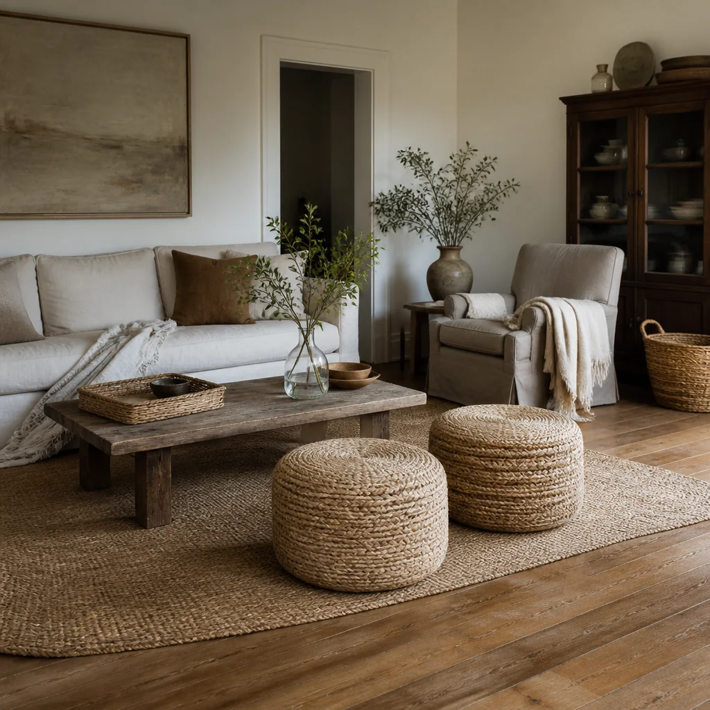 Layer smaller woven poufs or ottomans in natural fiber
