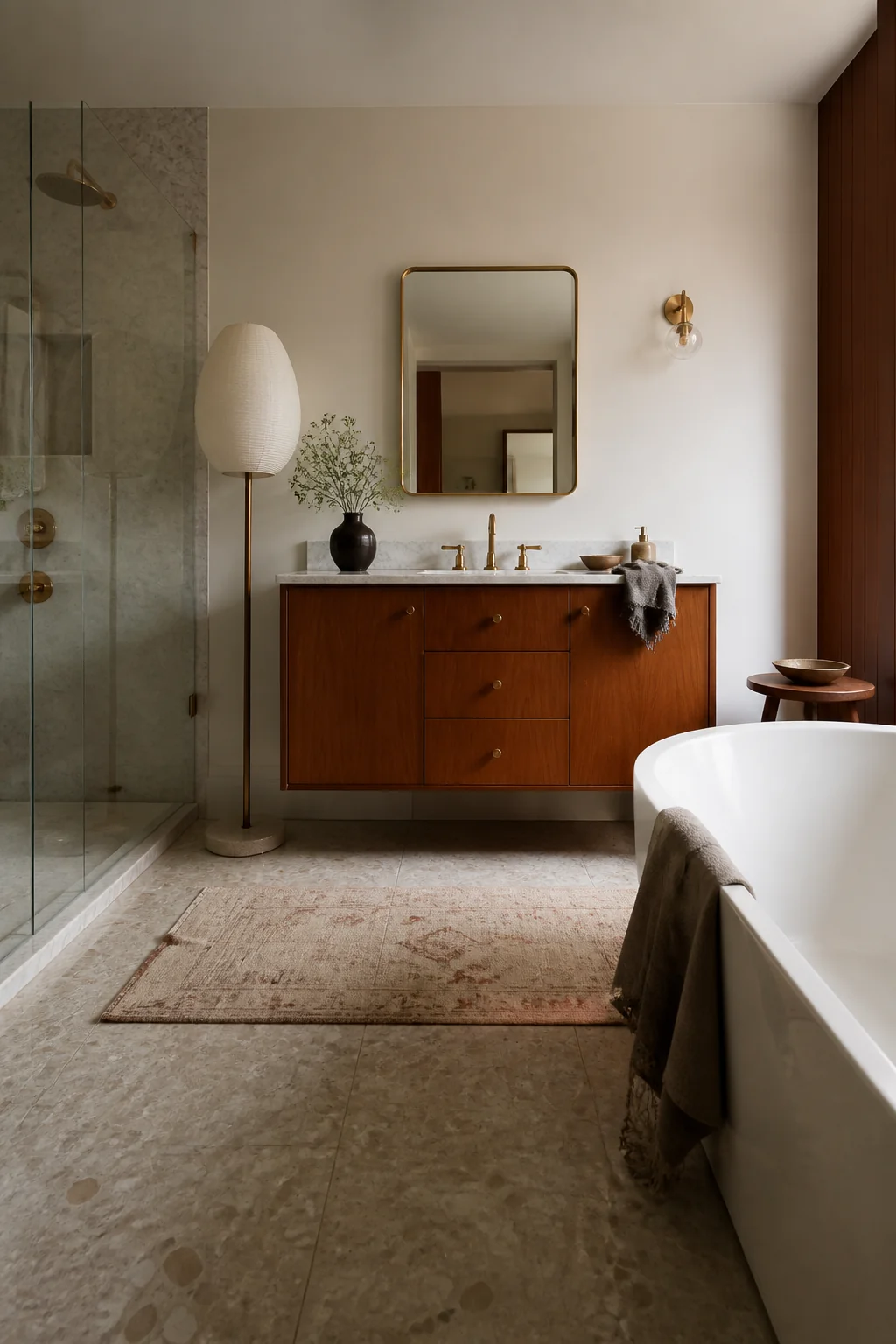 Add a single-stem floor lamp beside the vanity