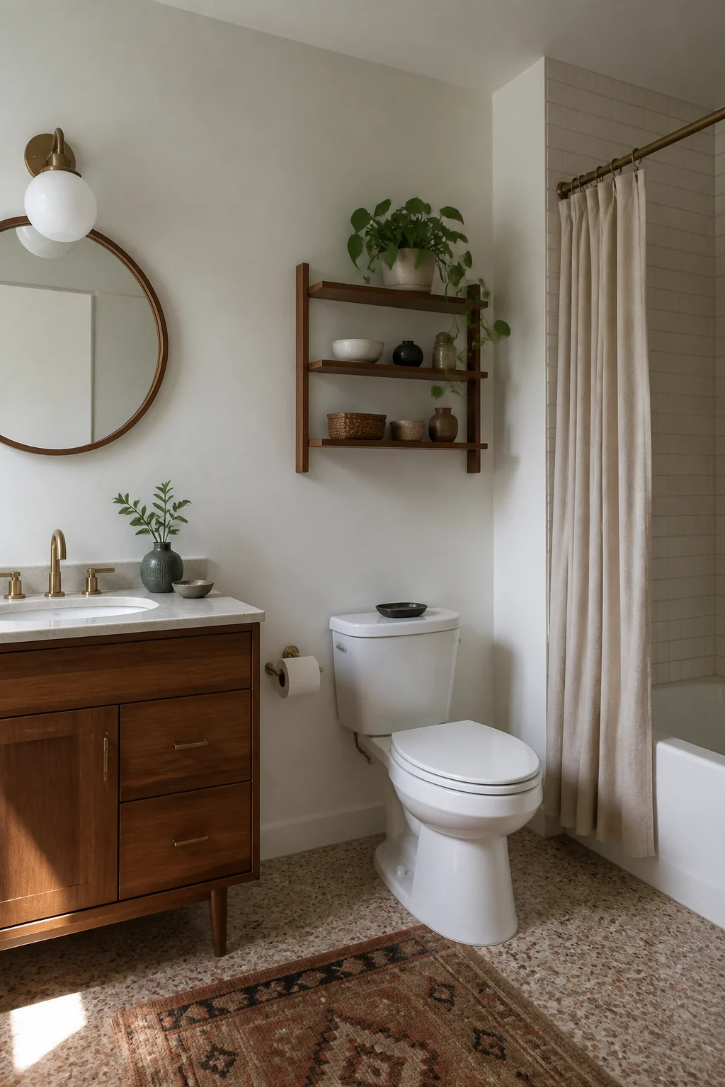 Add a low shelf or simple open shelving above the toilet