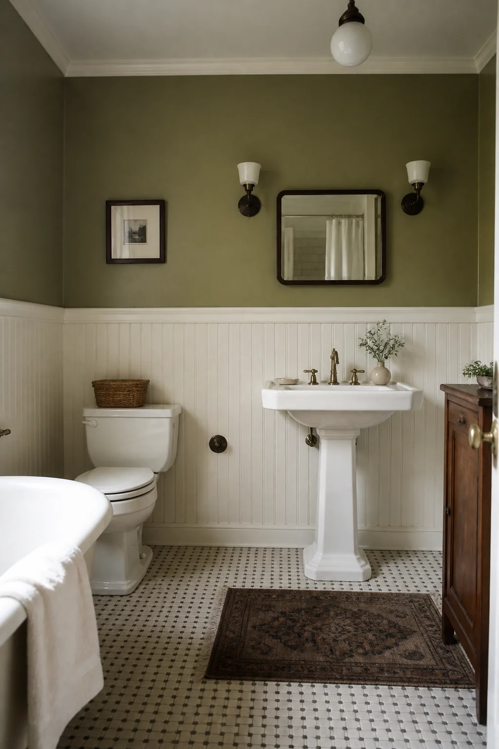 Install simple white or cream wainscoting below painted wall