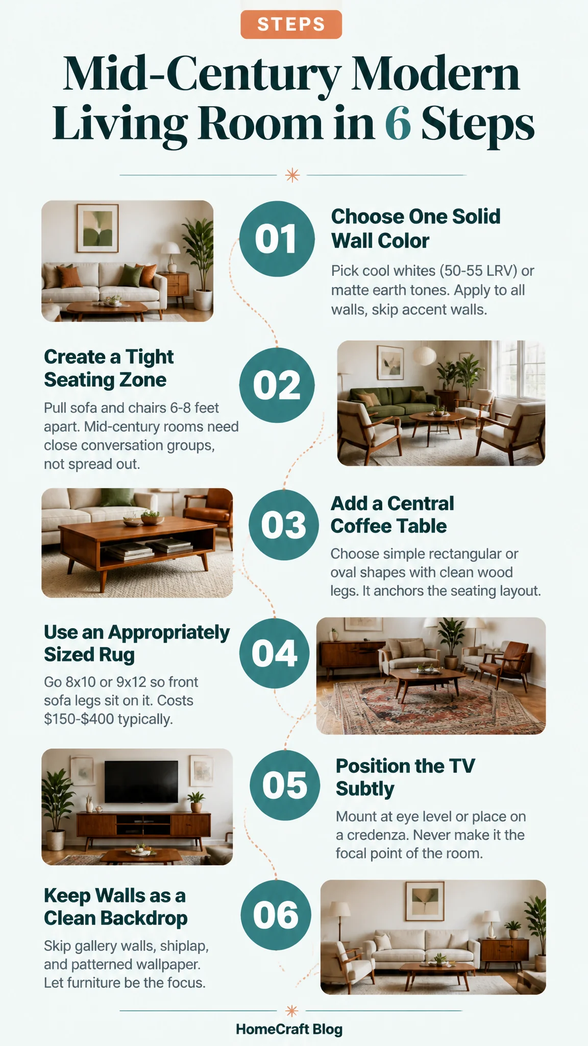 How to Get the Mid-Century Modern Living Room Look Step by Step — illustrated summary