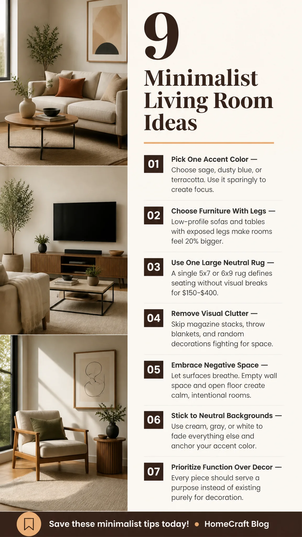 9 Simple Minimalist Living Room Ideas for a Clutter-Free Home — complete guide infographic