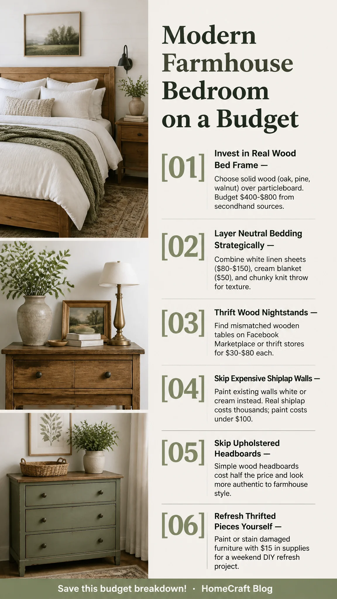 How to Get the Modern Farmhouse Bedroom Look for Less — complete guide infographic
