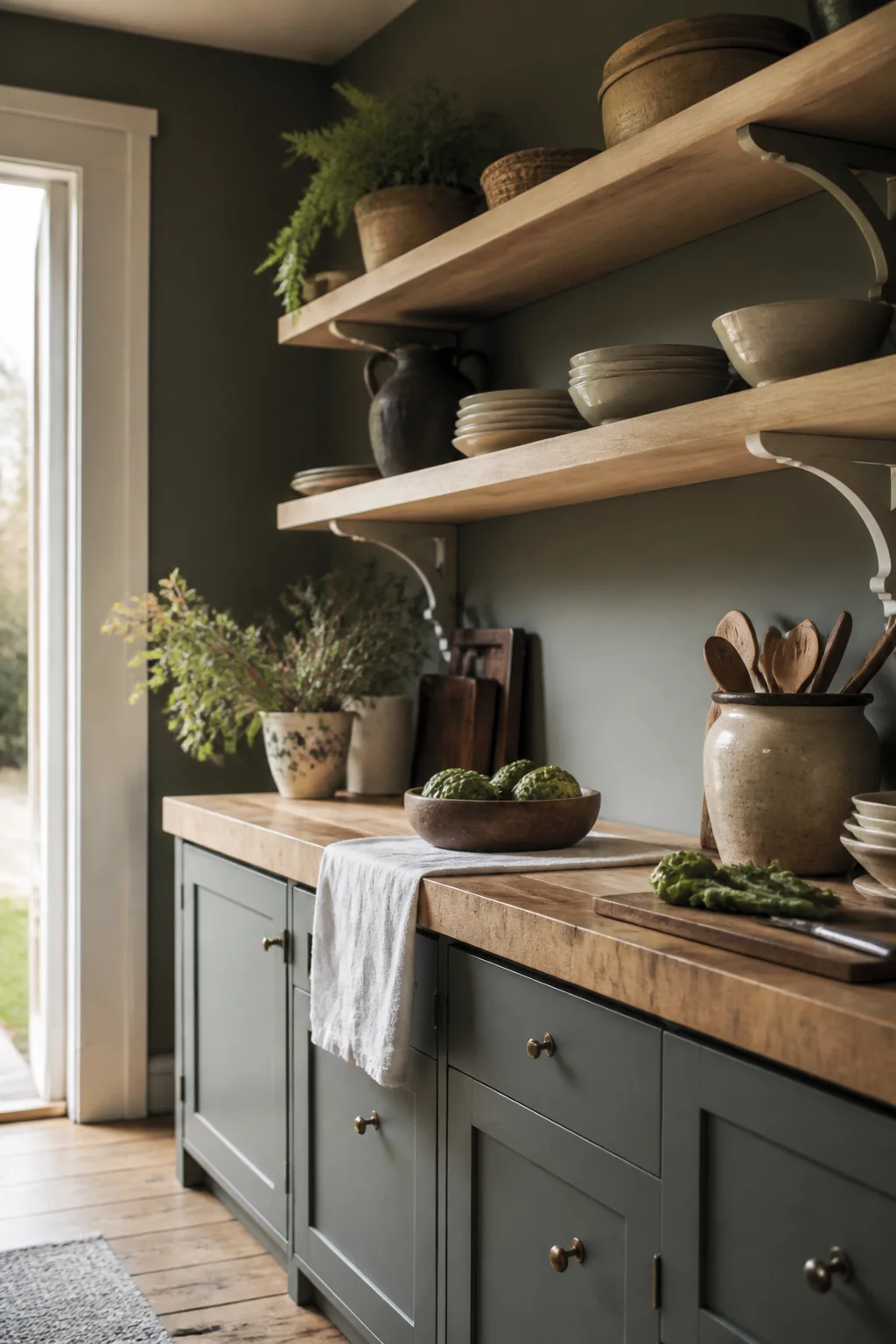 Butcher Block Counter and Open Shelving