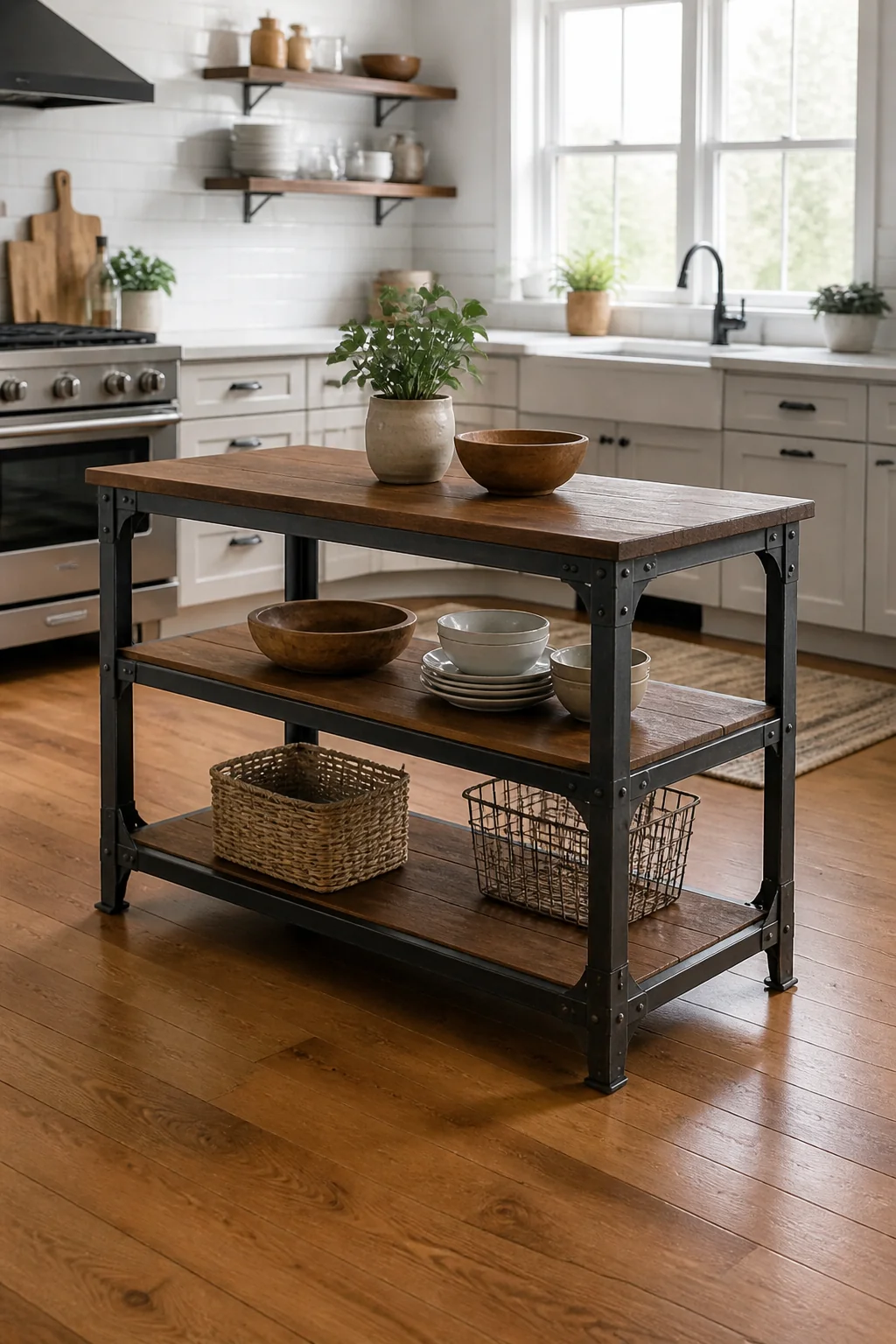 Industrial Metal Frame with Wood Shelves