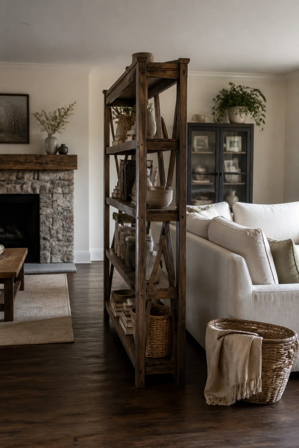 Use a tall bookcase to divide the room without a wall