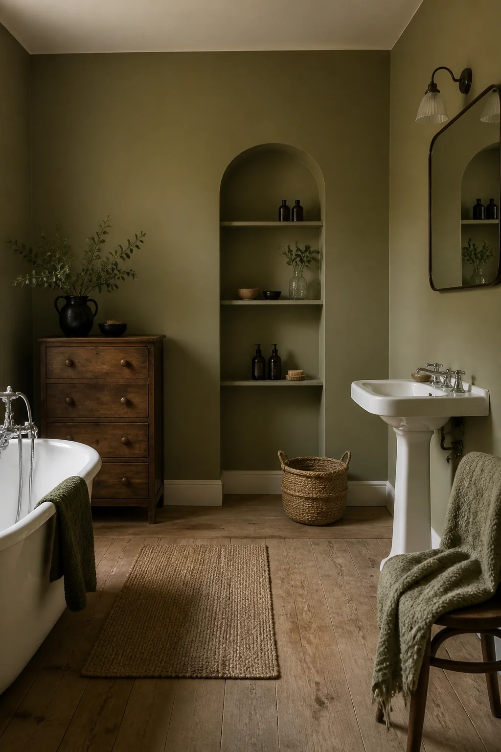Paint the walls a soft, muted olive instead of a deep forest green