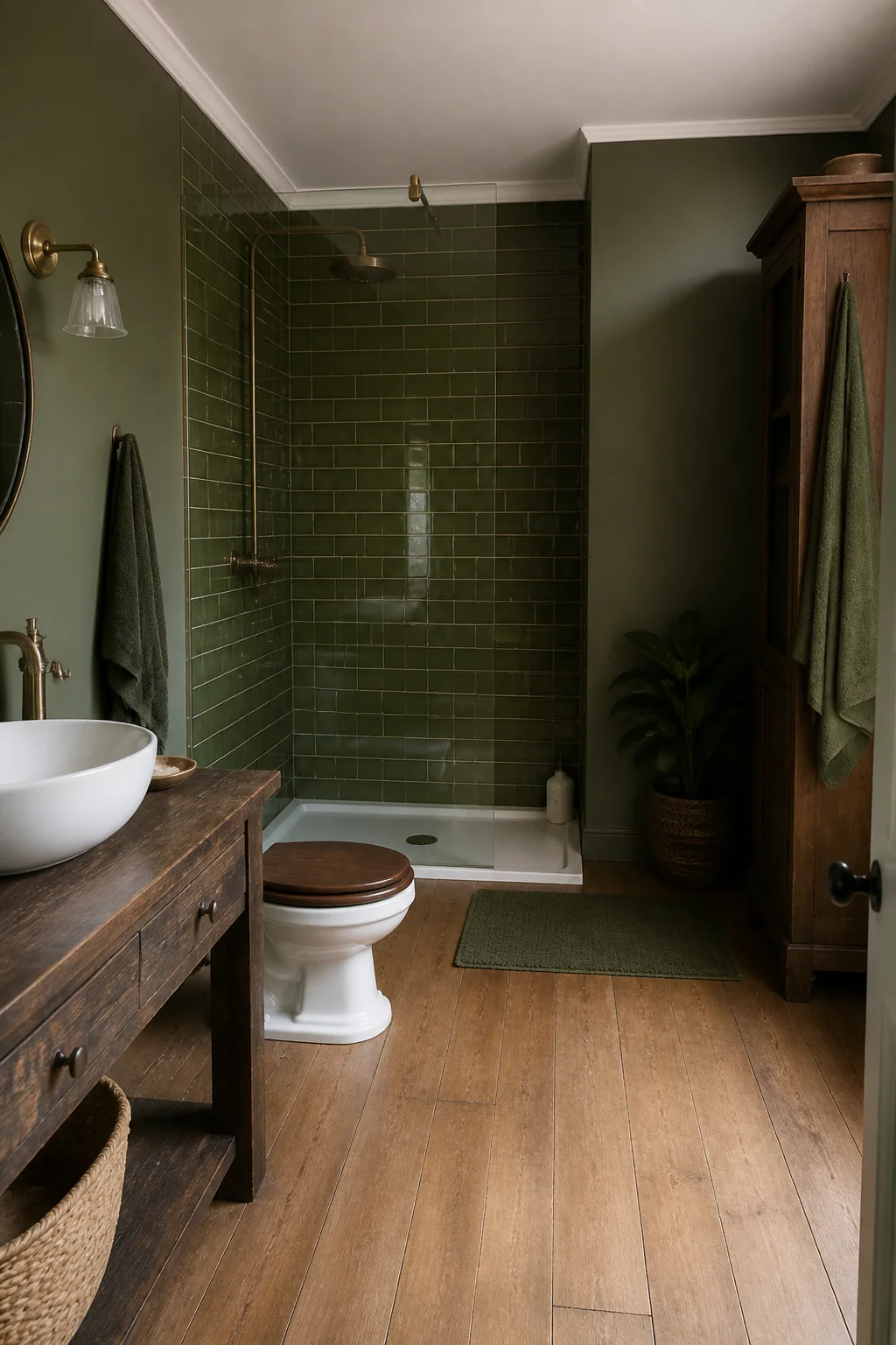 Add olive green subway tile to the shower wall only
