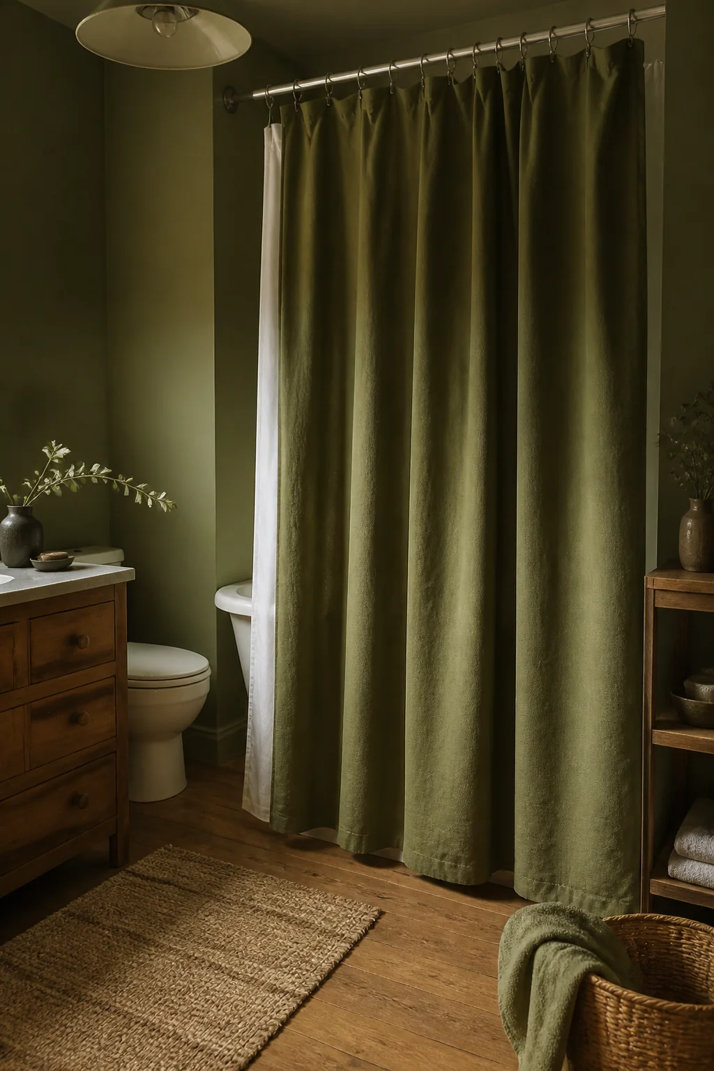 Hang a large olive green shower curtain with a white or cream interior