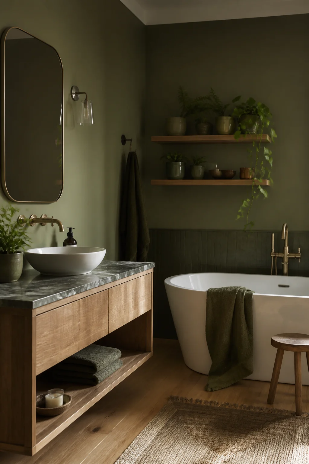 Place olive green terra cotta pots on floating shelves
