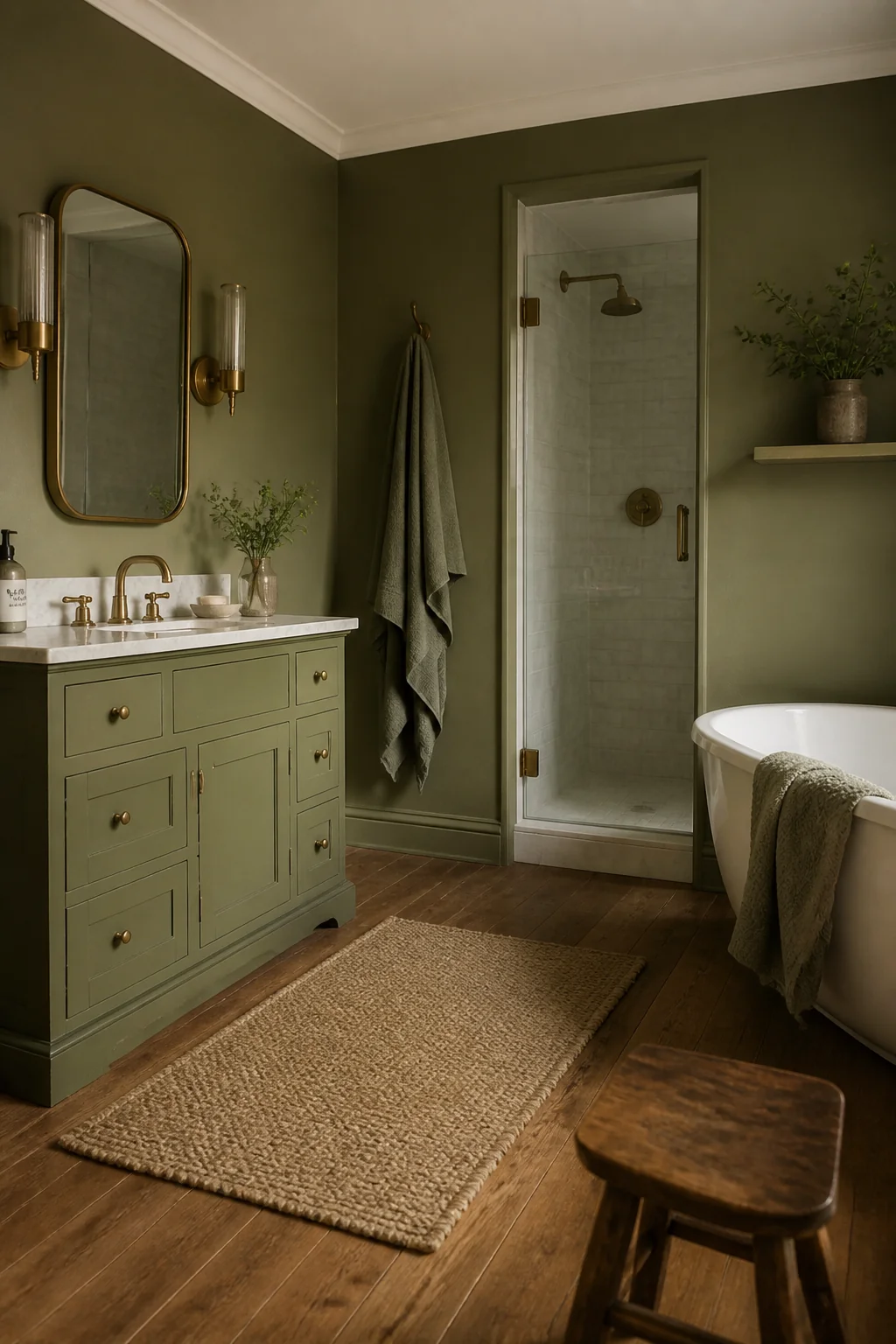 Paint the vanity cabinet a soft olive with white or marble countertop