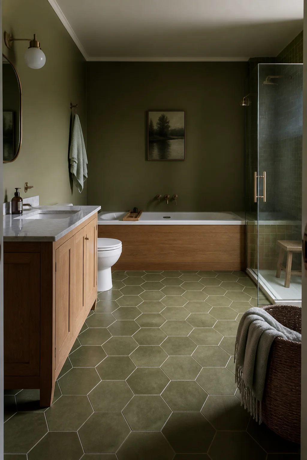 Install olive green hexagon floor tiles in a 12x12 space