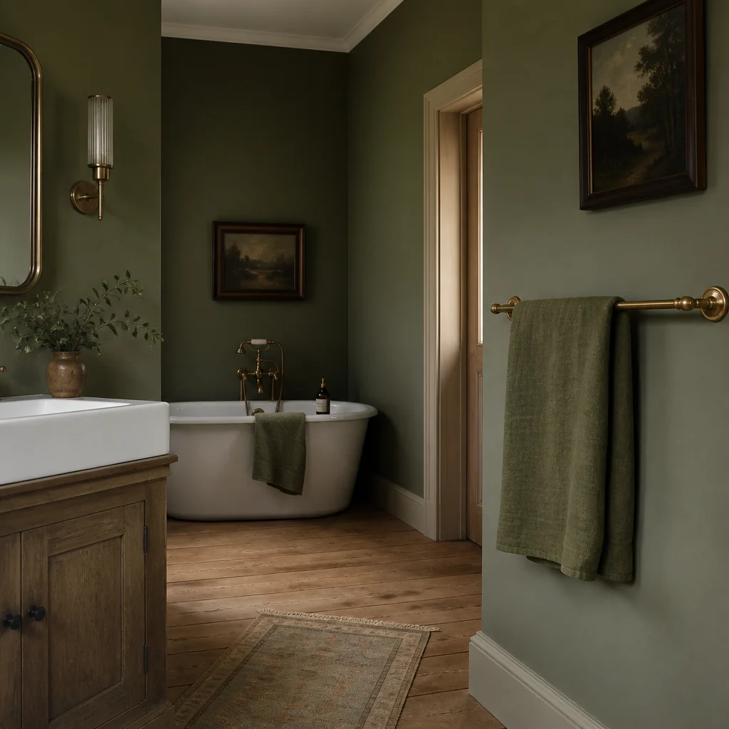 Drape an olive green linen hand towel over a brass towel bar