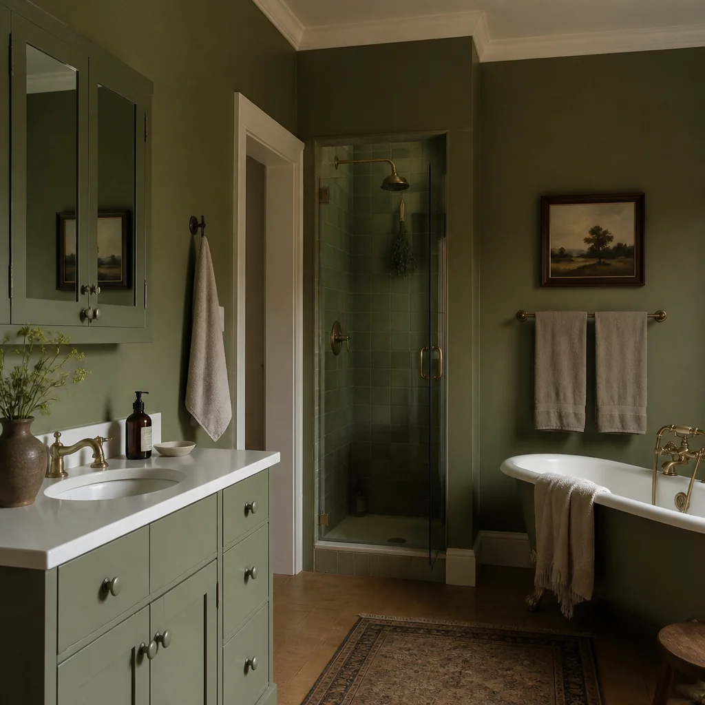 Install medicine cabinet hardware in matte olive or sage-toned knobs