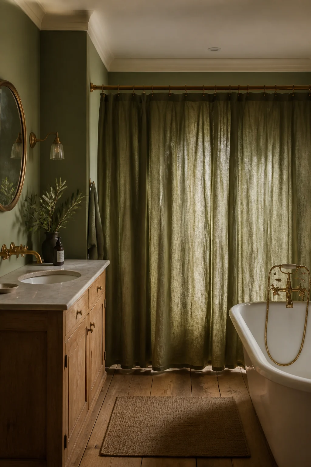 Hang a linen curtain rod with olive green linen panels for privacy
