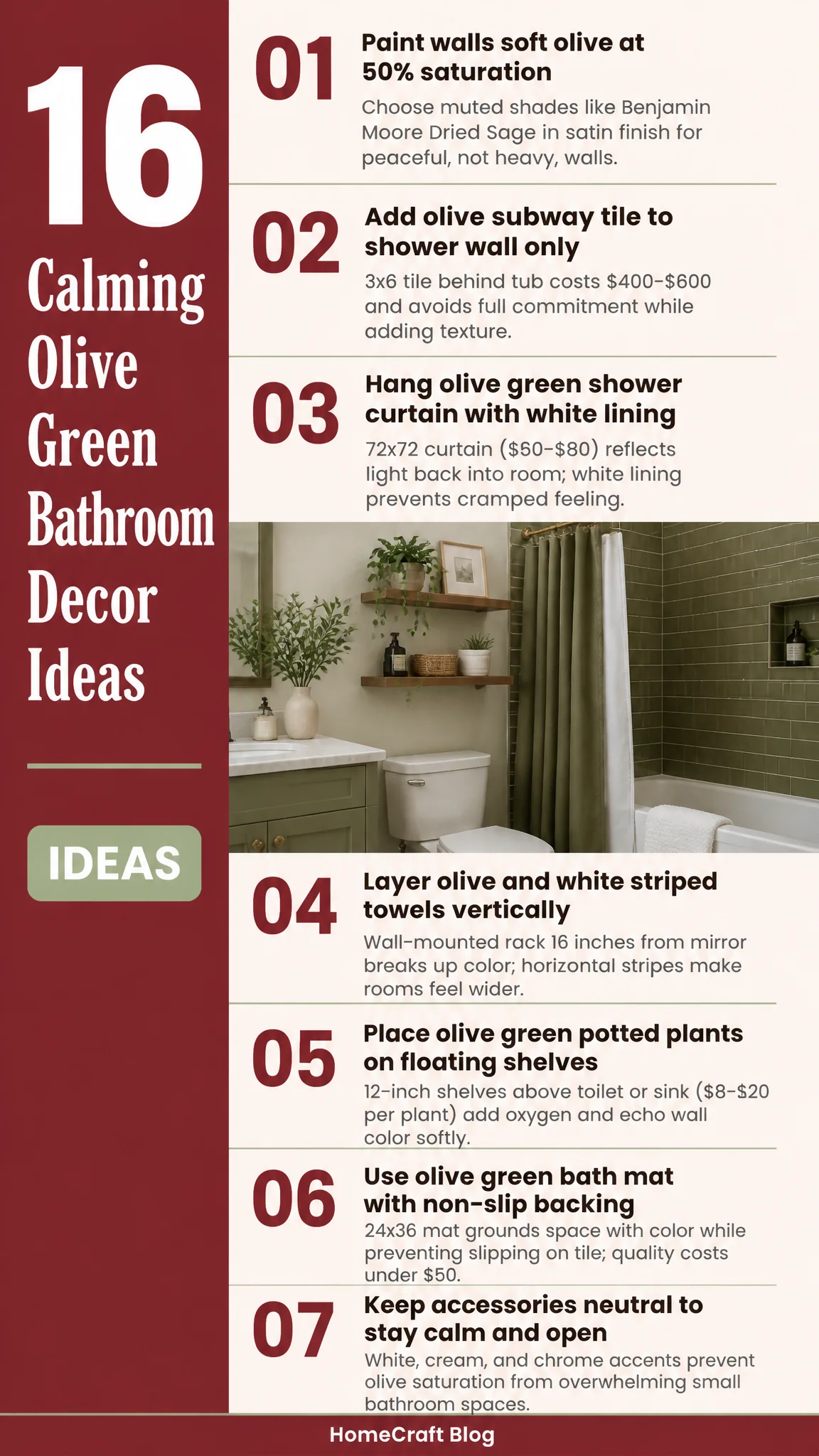 16 Calming Olive Green Bathroom Decor Ideas That Won't Darken a Small Room — illustrated summary