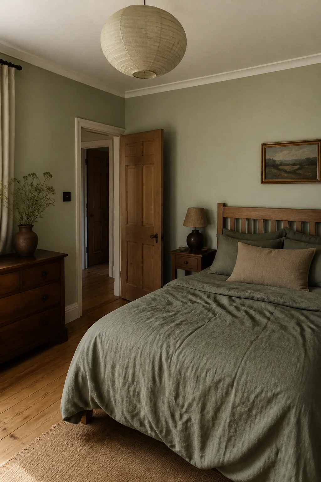 Paint all four walls a very pale olive wash