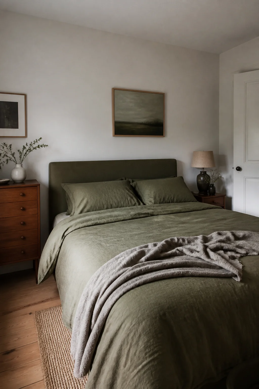 Olive green headboard with white walls and natural wood