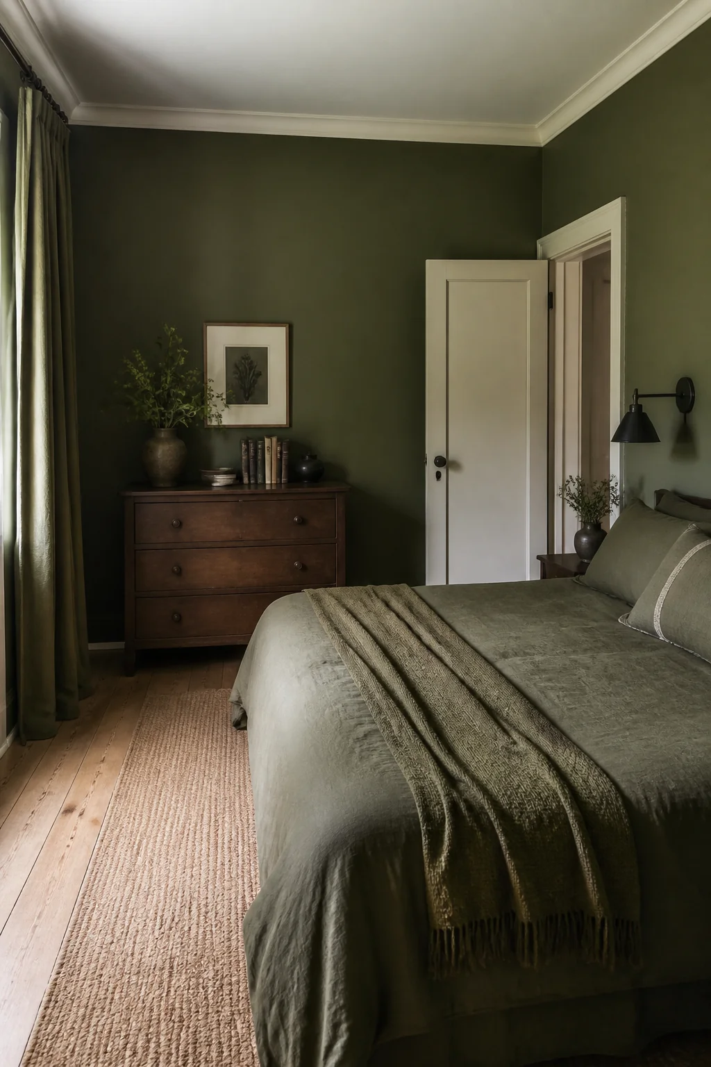 Olive green window treatment and accent accessories
