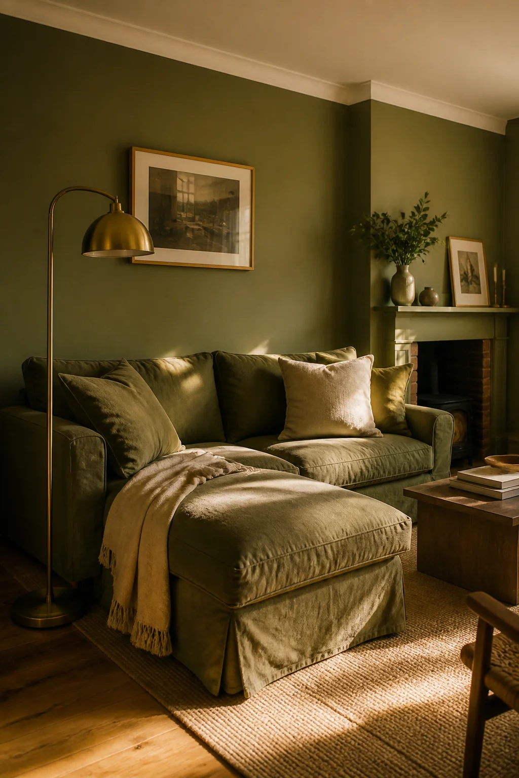 Hang a brass or brushed gold floor lamp beside the sofa