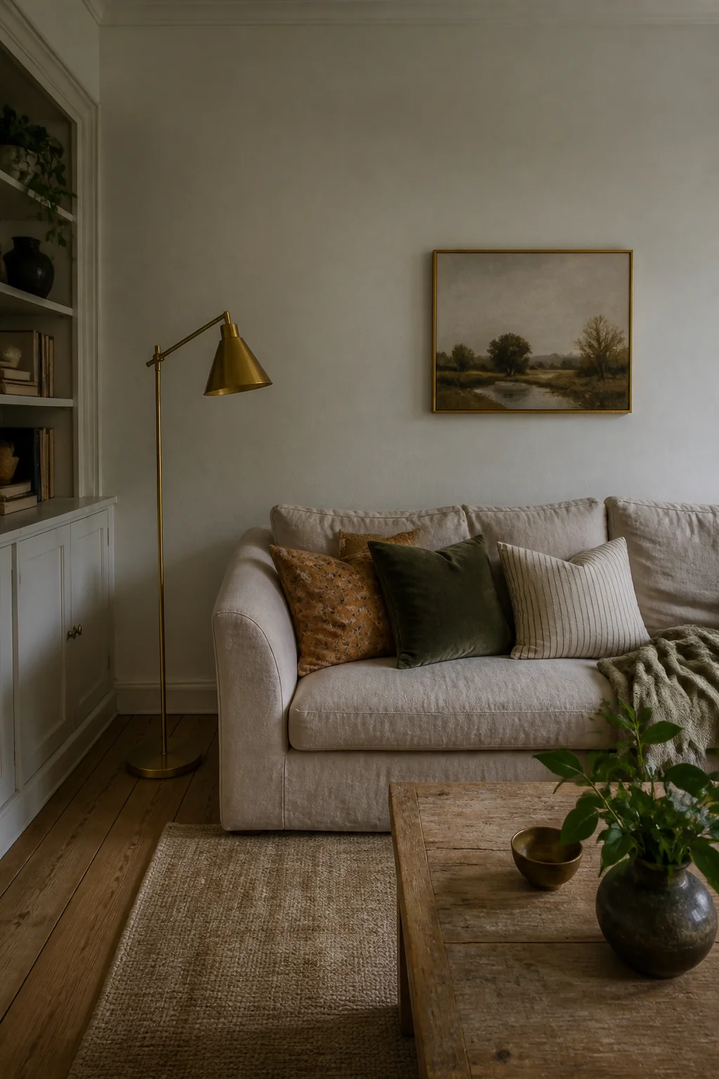 Hang a brass or brushed gold floor lamp beside the sofa