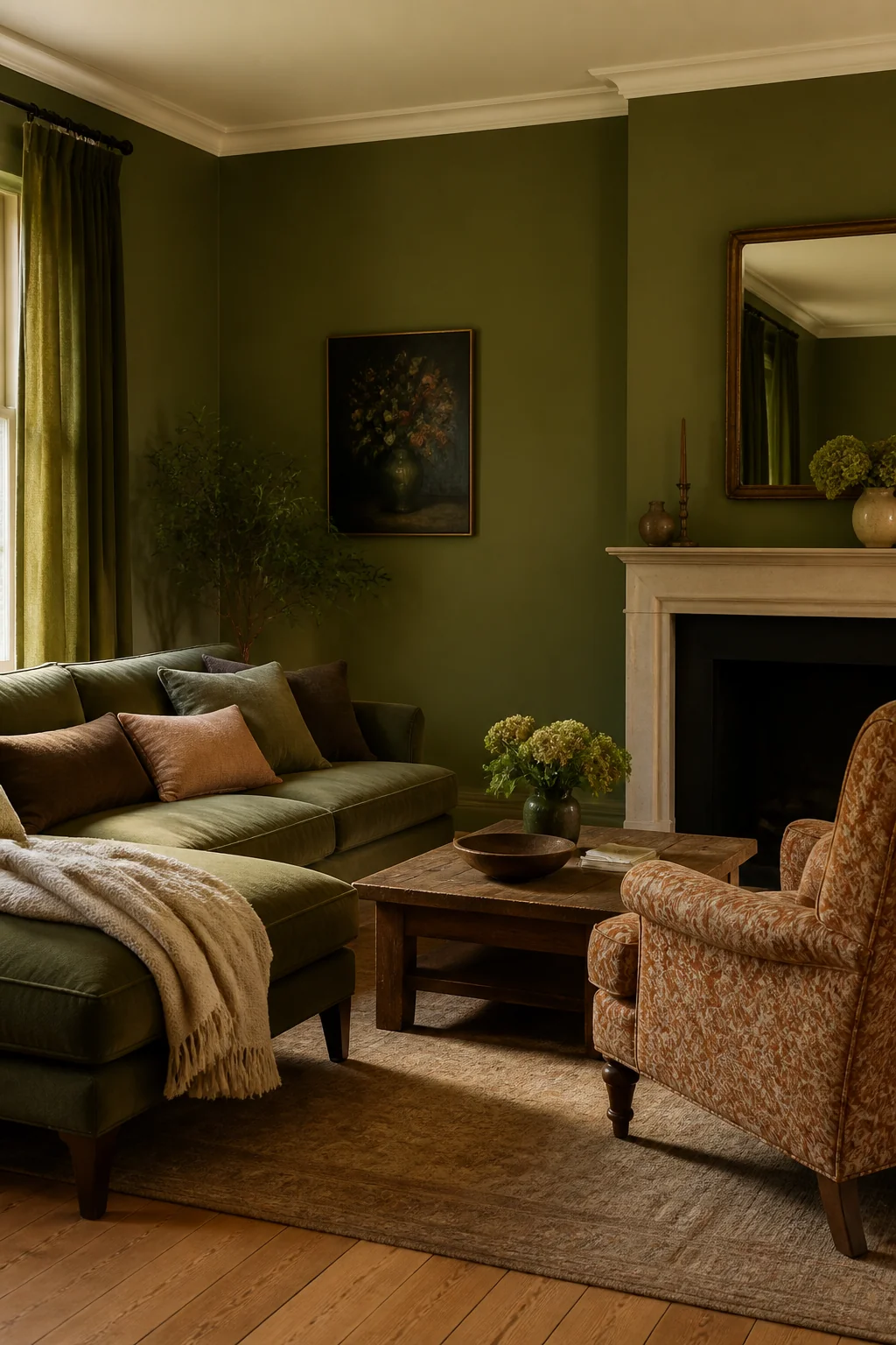 Incorporate a patterned accent chair in rust, terracotta, or mustard
