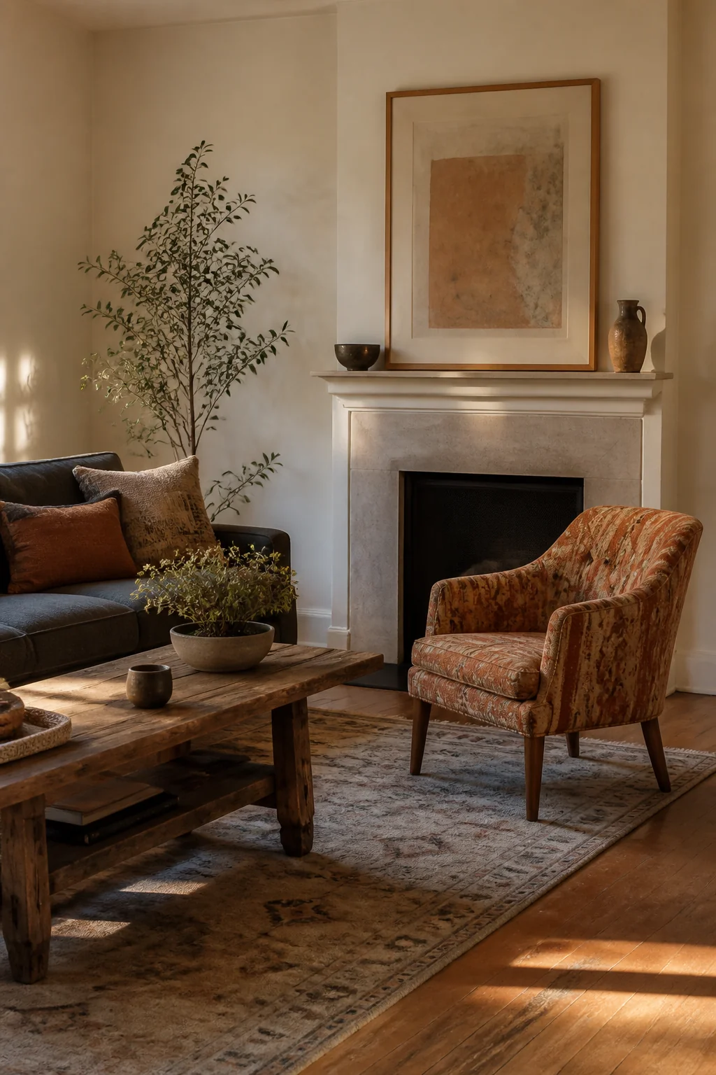 Incorporate a patterned accent chair in rust, terracotta, or mustard