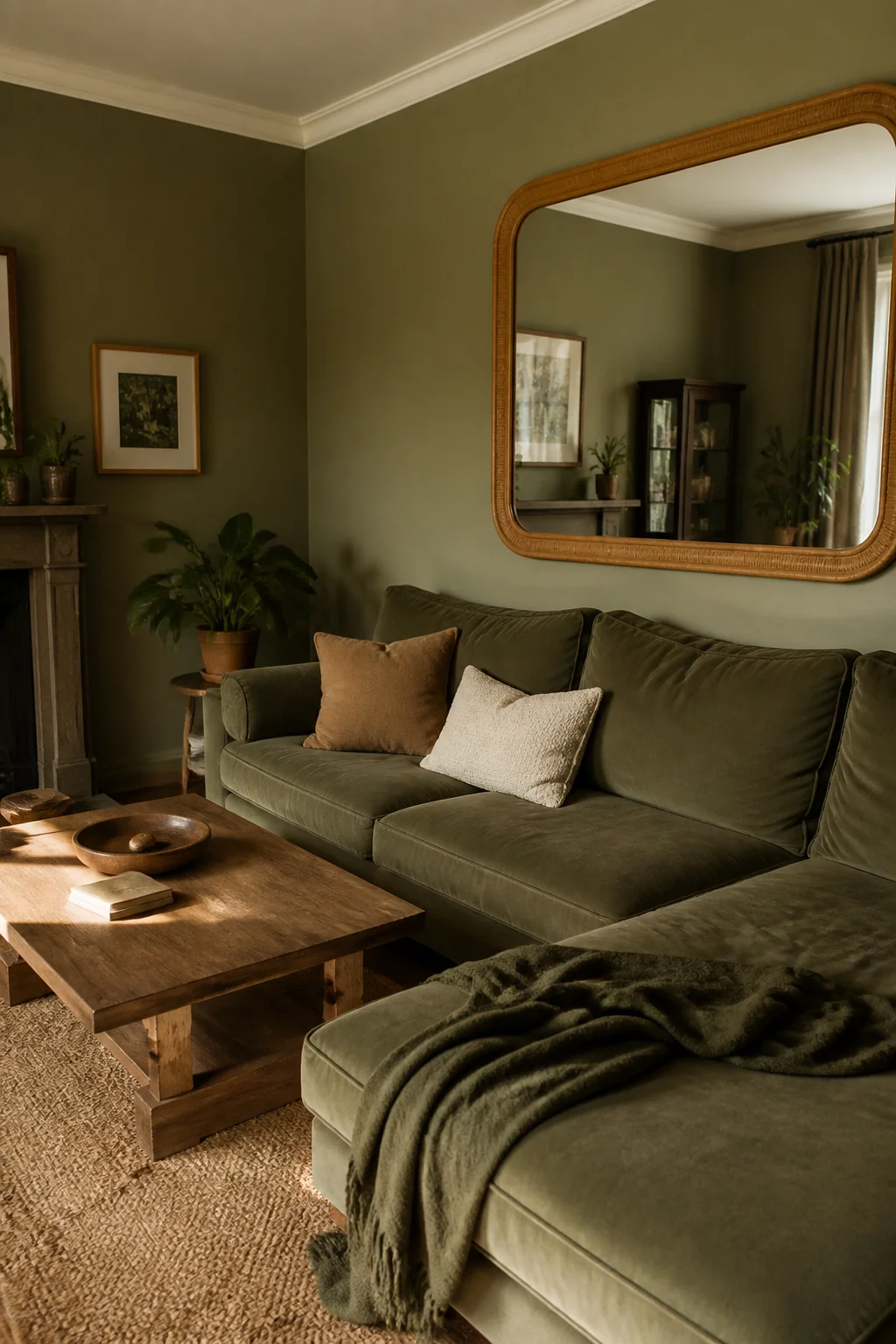 Place a large mirror with a wood or rattan frame on one wall