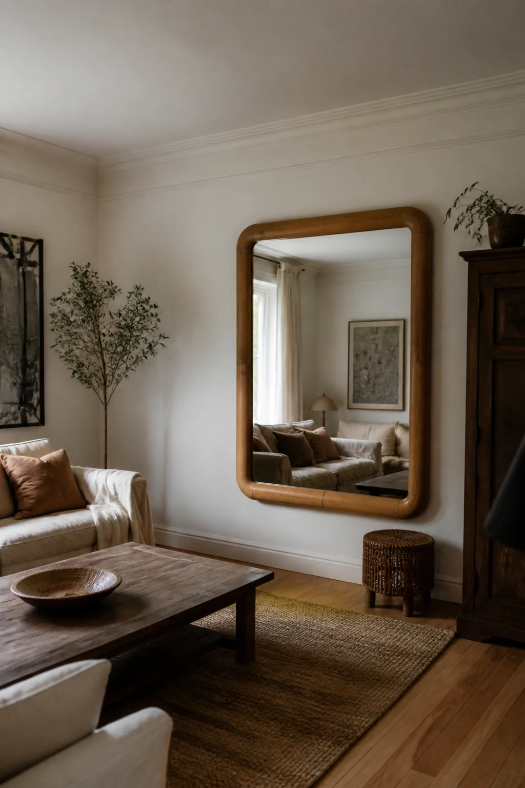 Place a large mirror with a wood or rattan frame on one wall