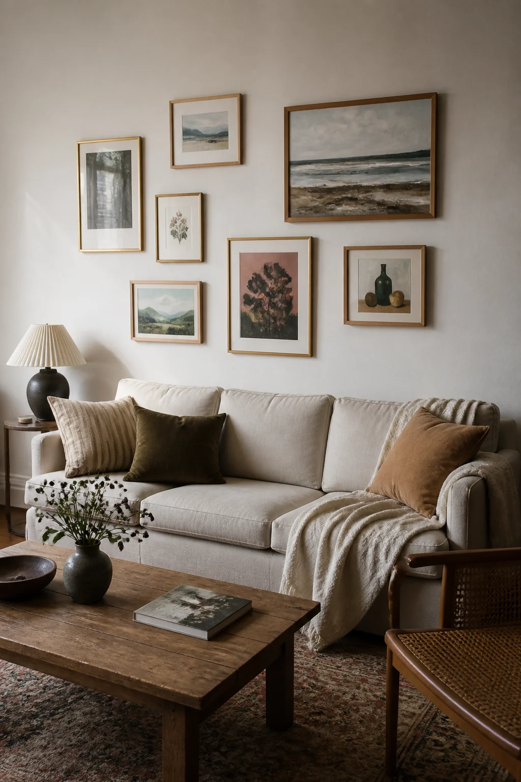 Add a gallery wall with a mix of art frames in natural wood and brass