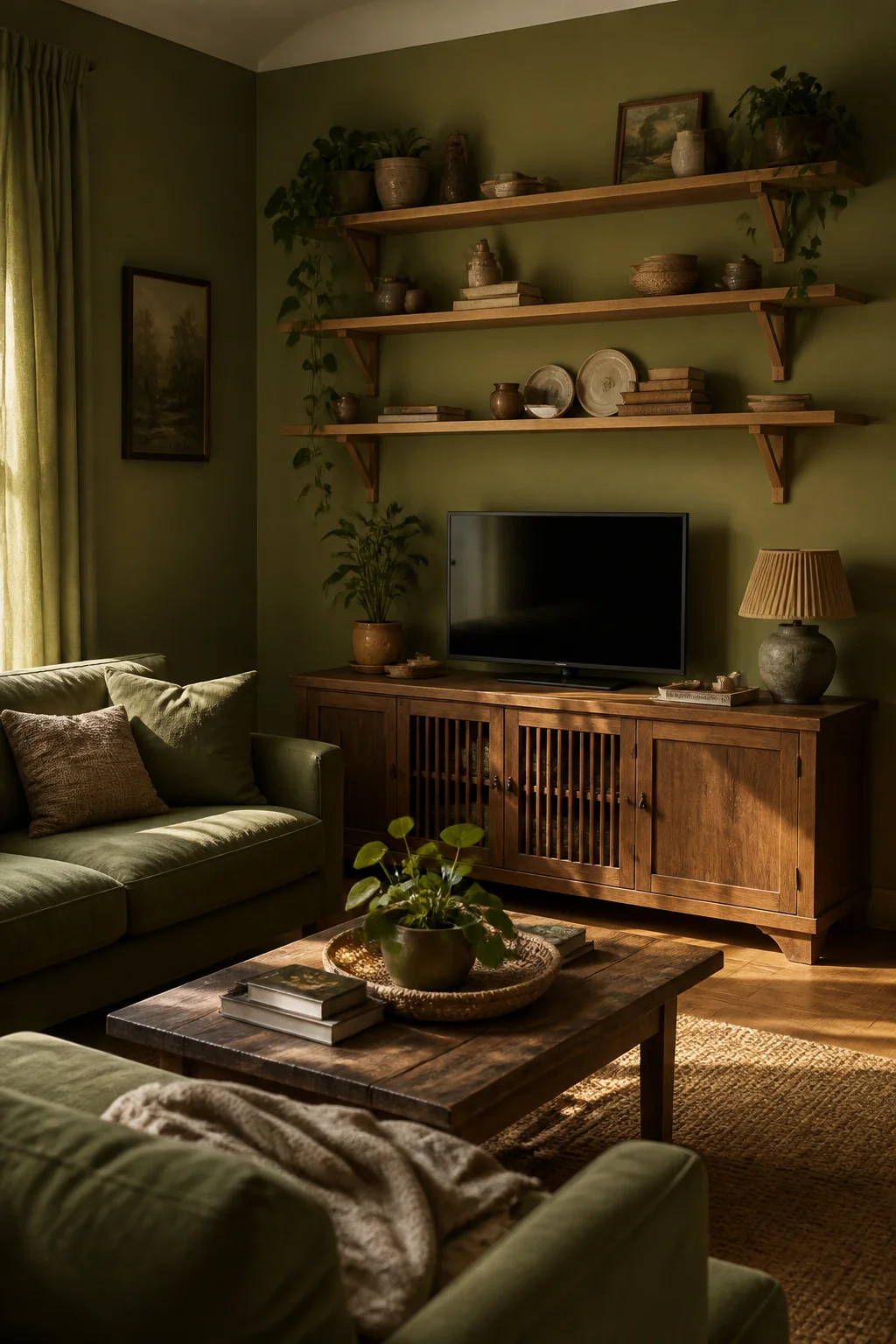 Install warm wood shelving above a console or media stand