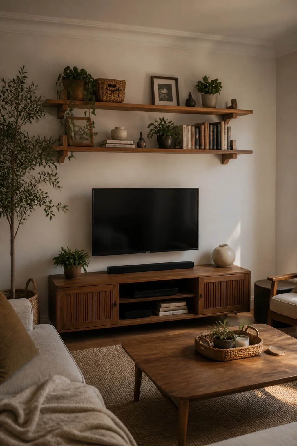 Install warm wood shelving above a console or media stand