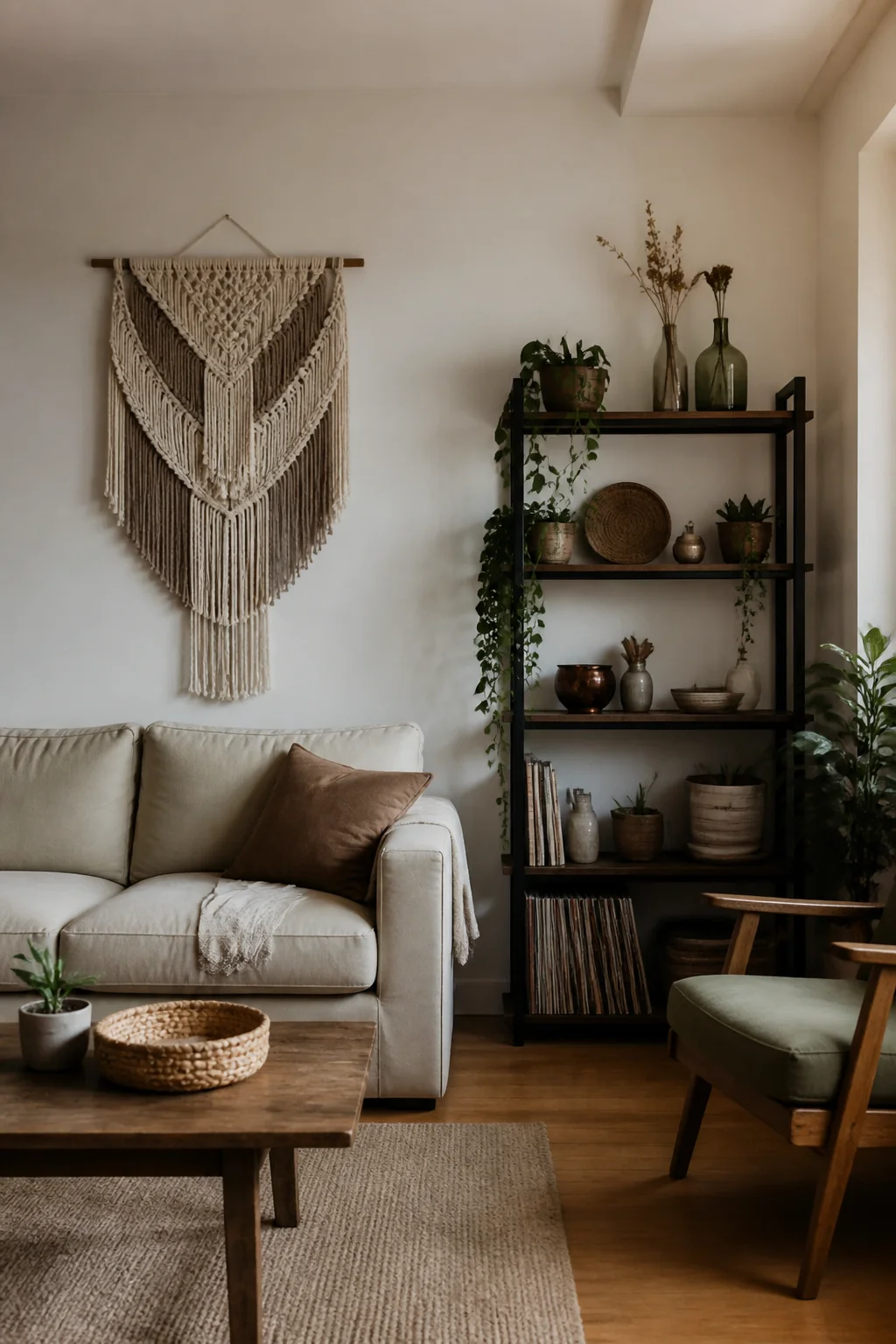 Hang a ceramic or woven wall hanging in neutral tones