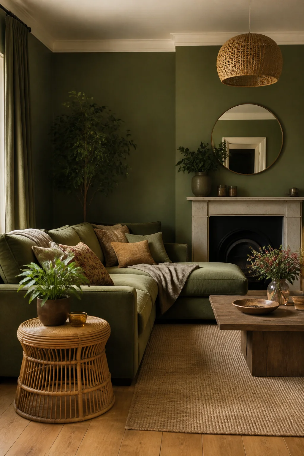 Place a warm-toned side table in natural wood or rattan