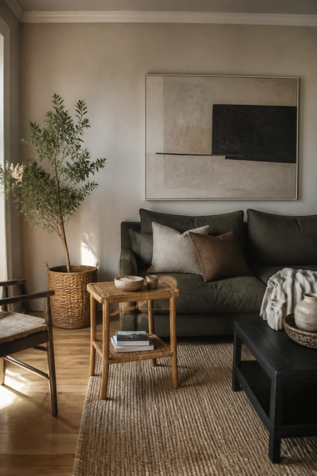 Place a warm-toned side table in natural wood or rattan