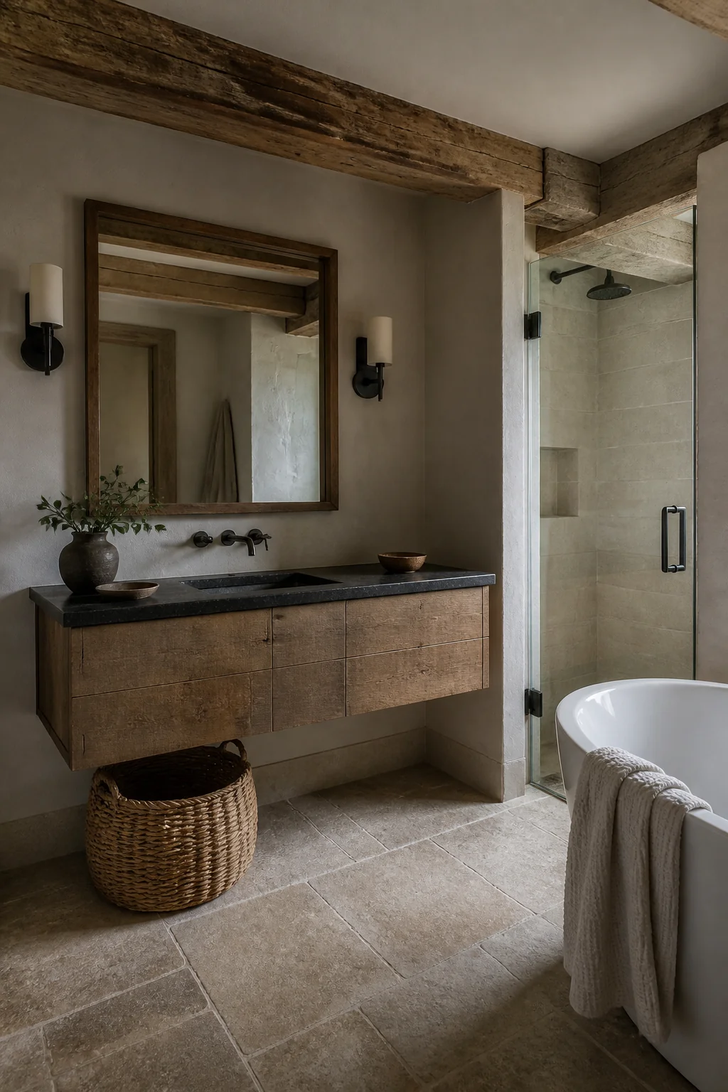 Floating Vanity With Exposed Beam Detailing