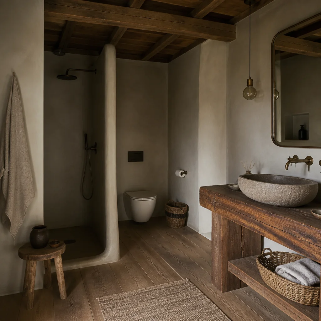 Chunky Timber Slab Vanity With Stone Sink Bowl