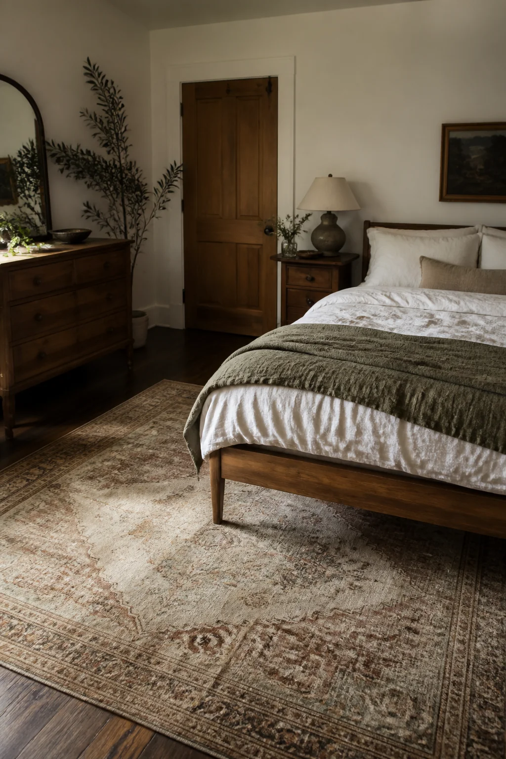 Add a vintage area rug with muted patterns