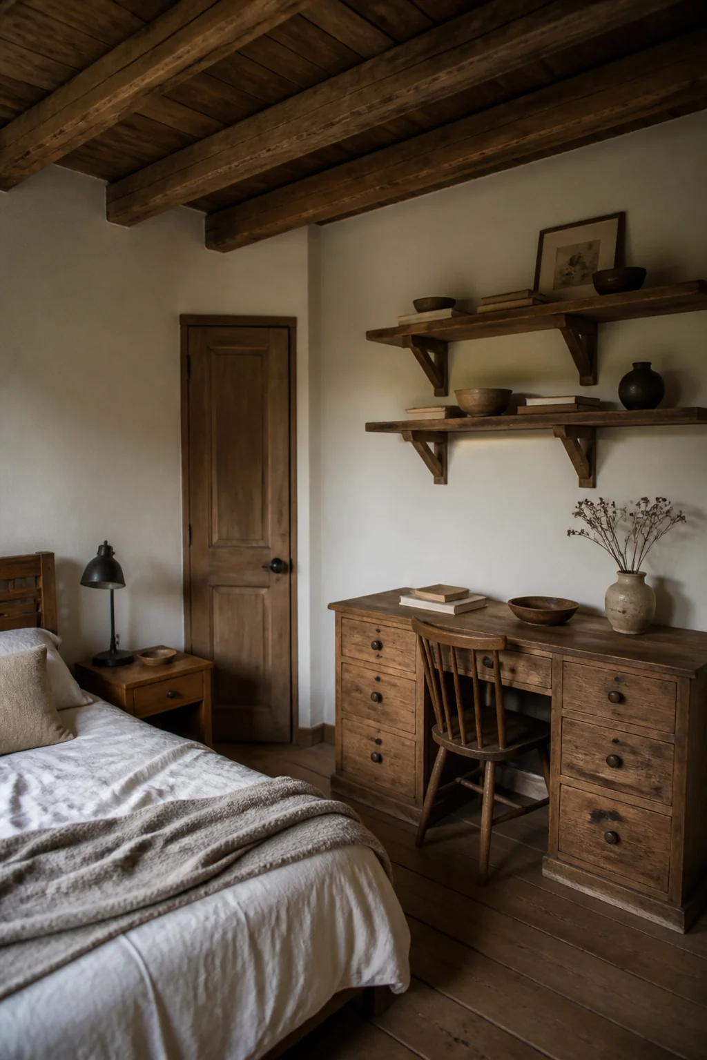 Install simple wood shelving above a dresser or desk