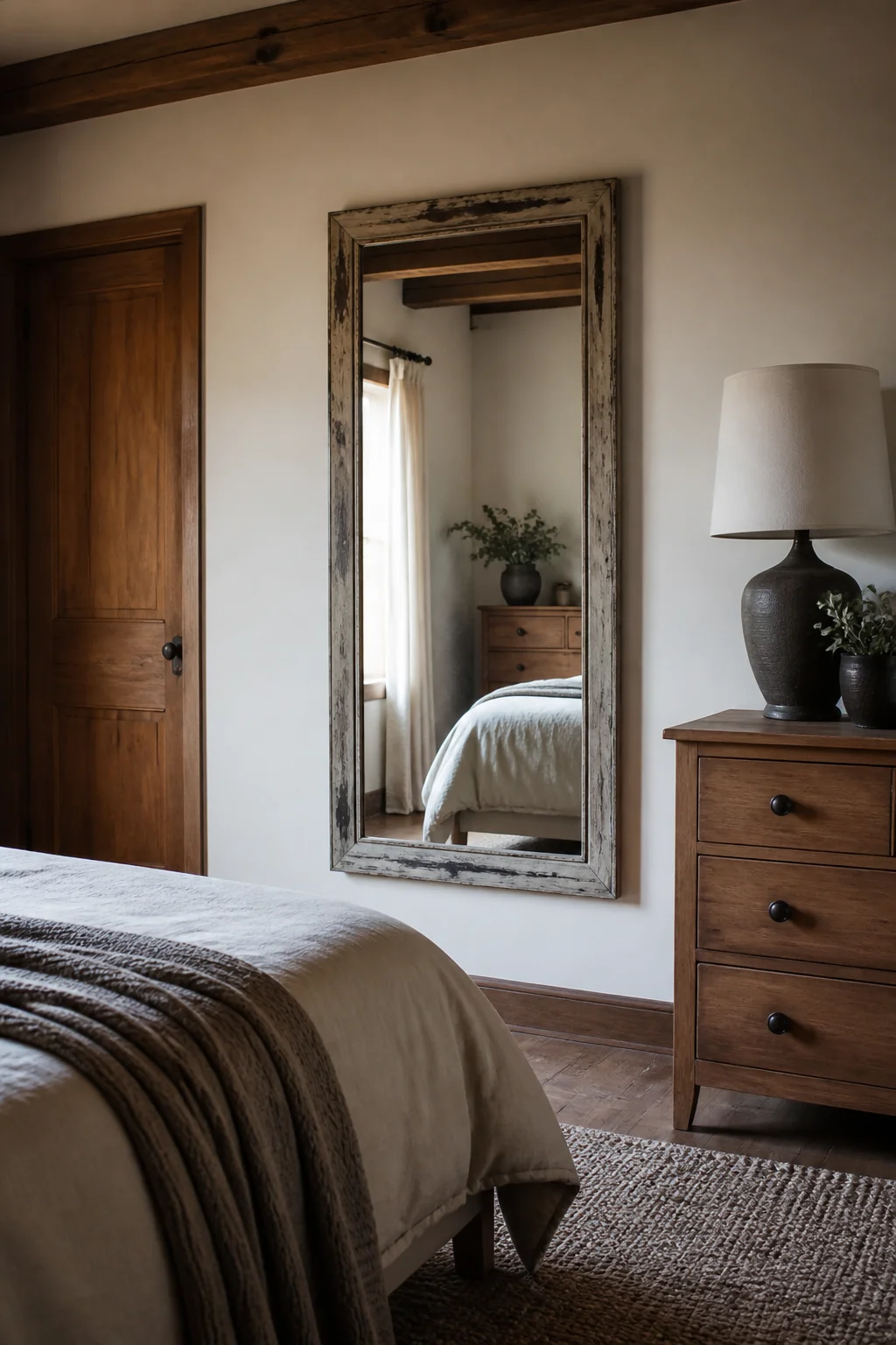 Hang a large mirror in a distressed wood or metal frame