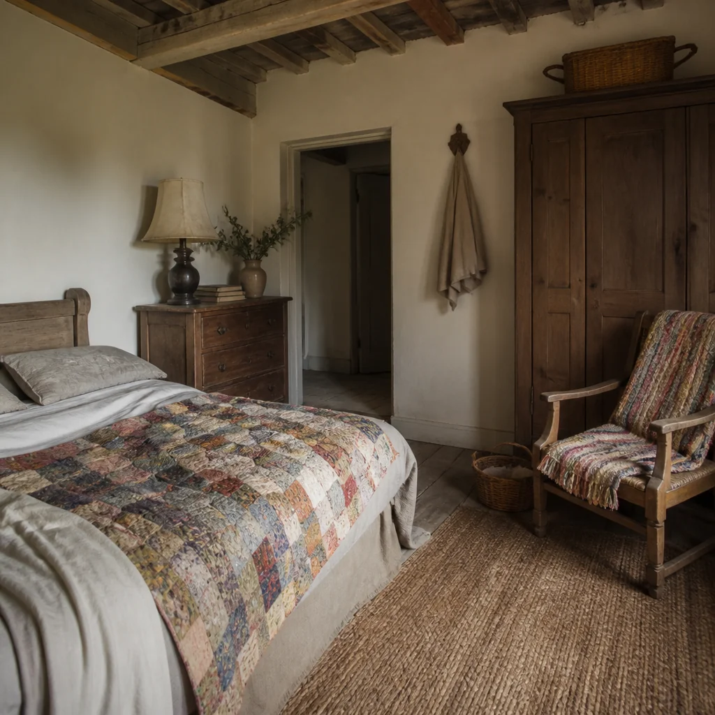 Layer in vintage textiles like quilts or woven throws