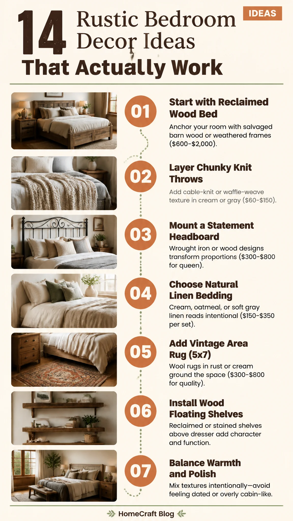 14 Inviting Rustic Bedroom Decor Ideas That Feel Warm, Not Themed — illustrated summary