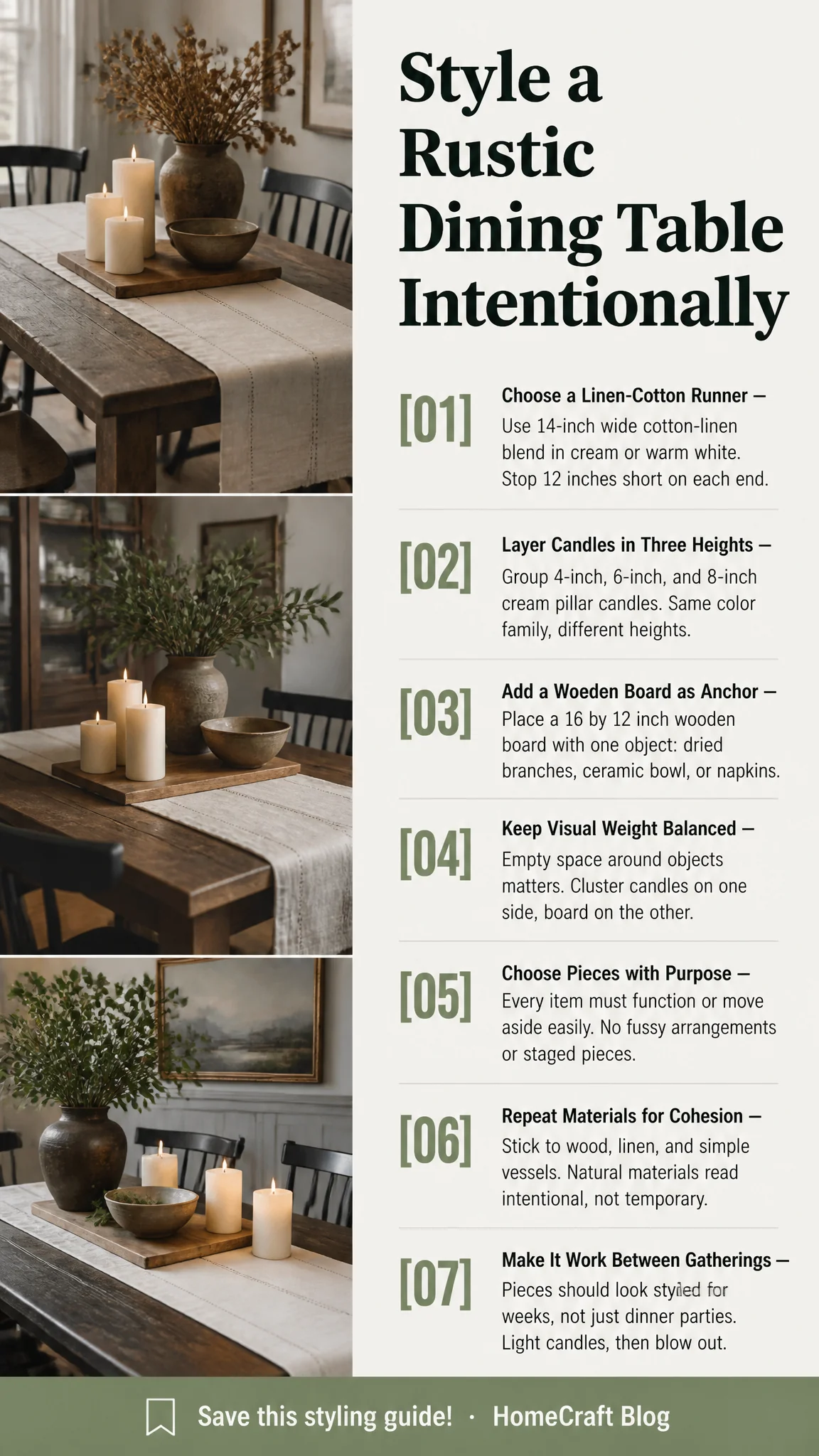 How to Style a Rustic Dining Table So It Looks Intentional Between Dinner Parties — the short version, illustrated