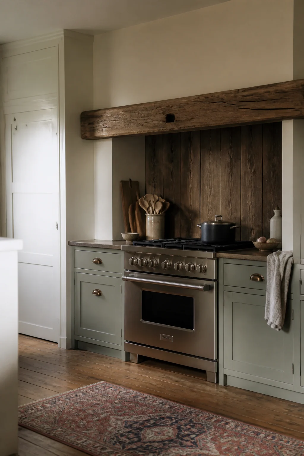 Install a thick wood beam as a focal point above the stove