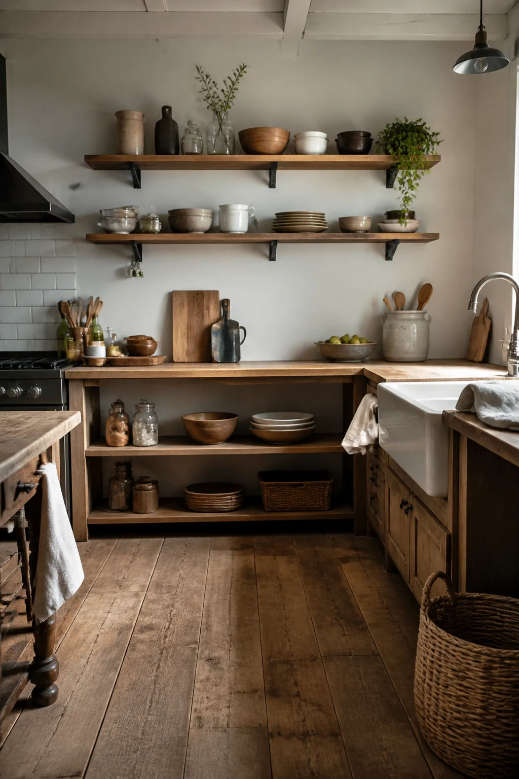 Use unfinished wood shelving with iron brackets for open storage
