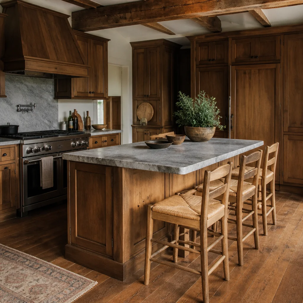 Add a wood kitchen island with a stone top and bar seating