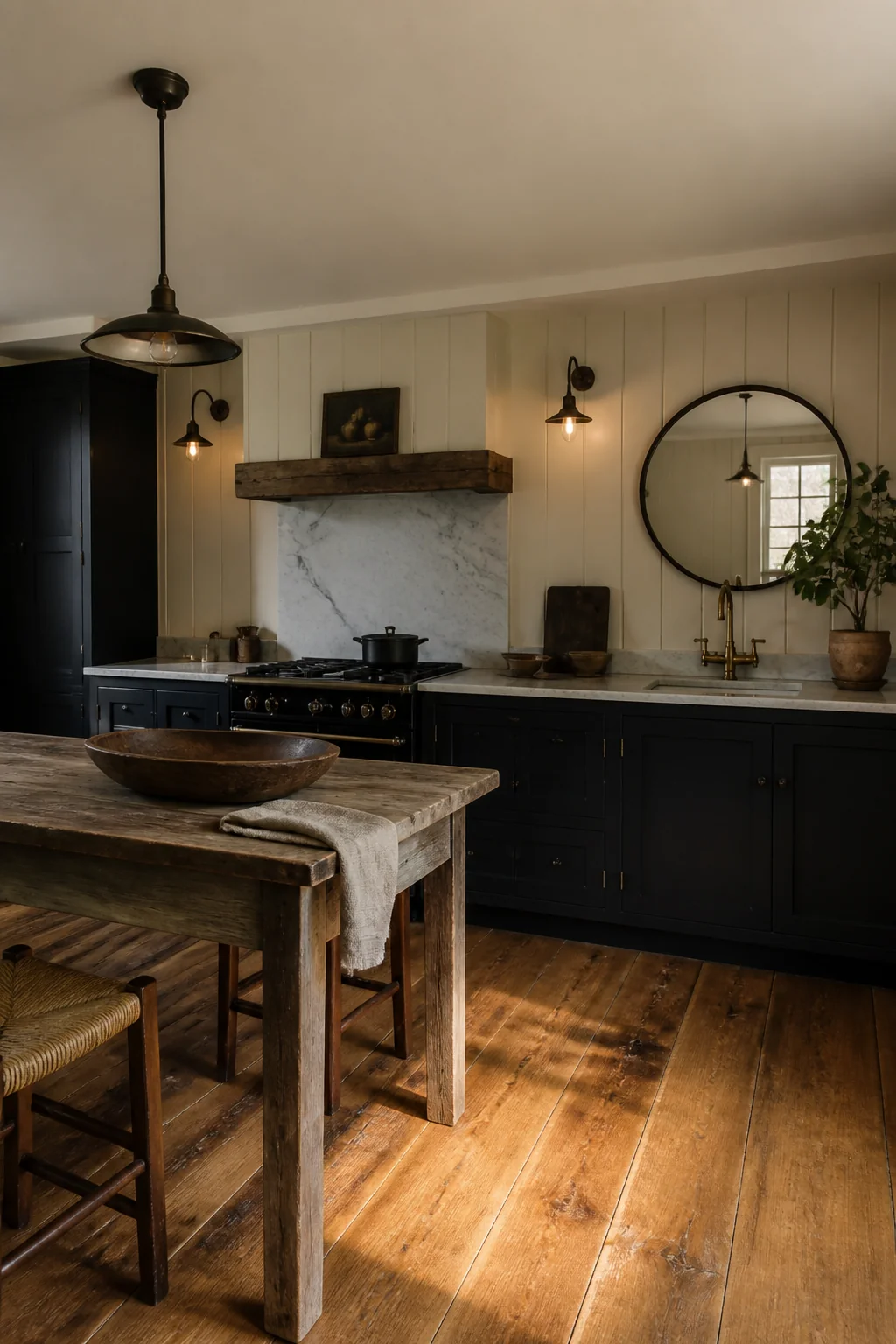 Add task lighting with simple iron or wood fixtures, not pendants